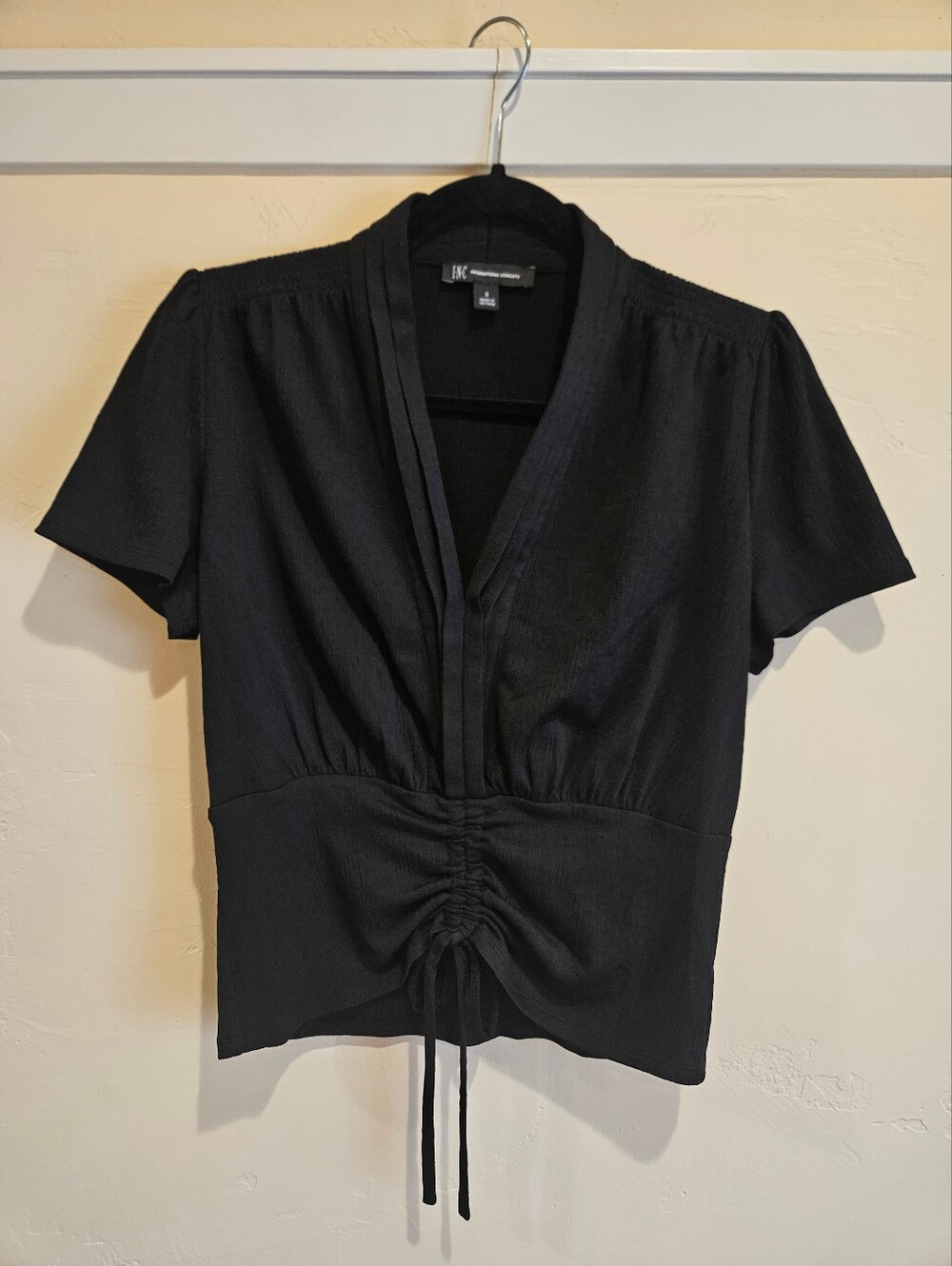 INC International Concepts Black Short-Sleeve Drawstring Waist Top